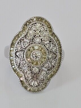 Stunning Art Deco Ornate Diamond Simulant Ring Sterling Silver Rhodium Size 5!